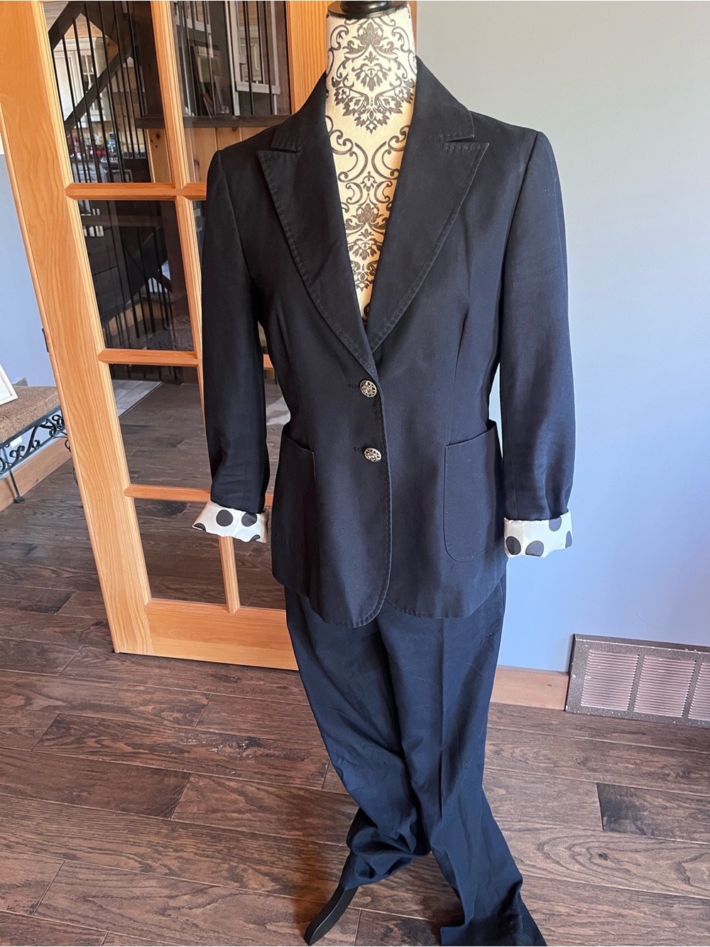 Women's Navy Tailored Blazer with Polka-Dot Cuff Trim and Matching Pants